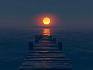 Fototapeta premium Sunset over the sea, with an orange sun setting behind the horizon