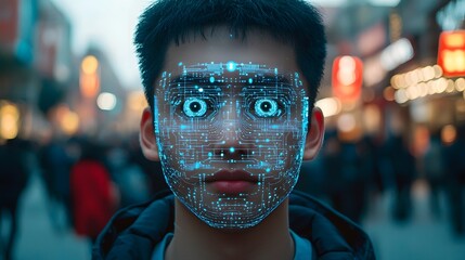 Facial recognition technology scanning a face with a high tech digital interface in a futuristic neon lit urban night scene  The abstract