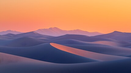 Expansive desert landscape with endless golden dunes, rippling sand patterns under soft twilight, a caravan of camels silhouetted against a fiery orange sunset, tranquil and otherworldly