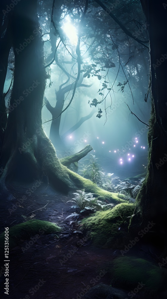 Aufkleber mystical enchanted forest with towering ancient trees, glowing bioluminescent fungi, ethereal mist s
