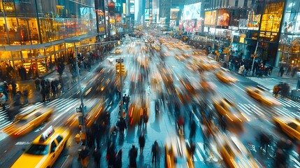 Crowded fast paced city street filled with a blur of motion and activity featuring a high tech digital interface and surveillance technology scanning the environment