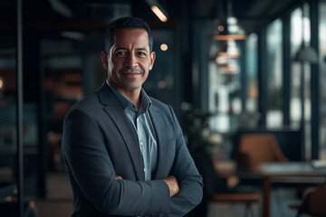 Un CEO hombre con mirada segura a la cámara, proyectando confianza y profesionalismo en un entorno empresarial.