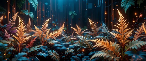 Glowing Golden Ferns Enchanting Dark Forest Scene