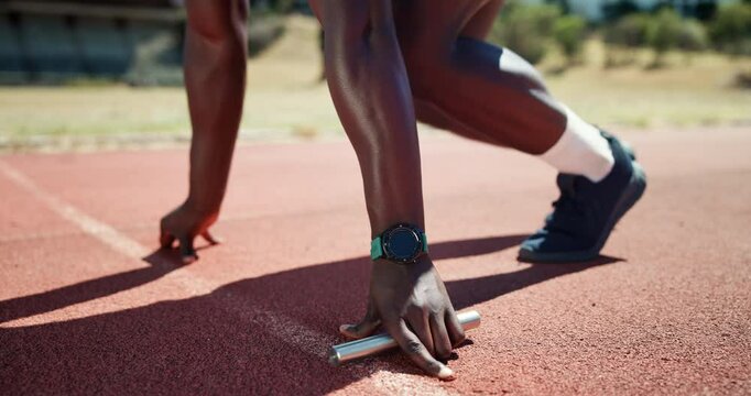 Relay runner, hands and start line on track with speed, launch and smart watch for sports in summer. Legs, athlete and baton for team event, contest and training for power, fast and race in Jamaica