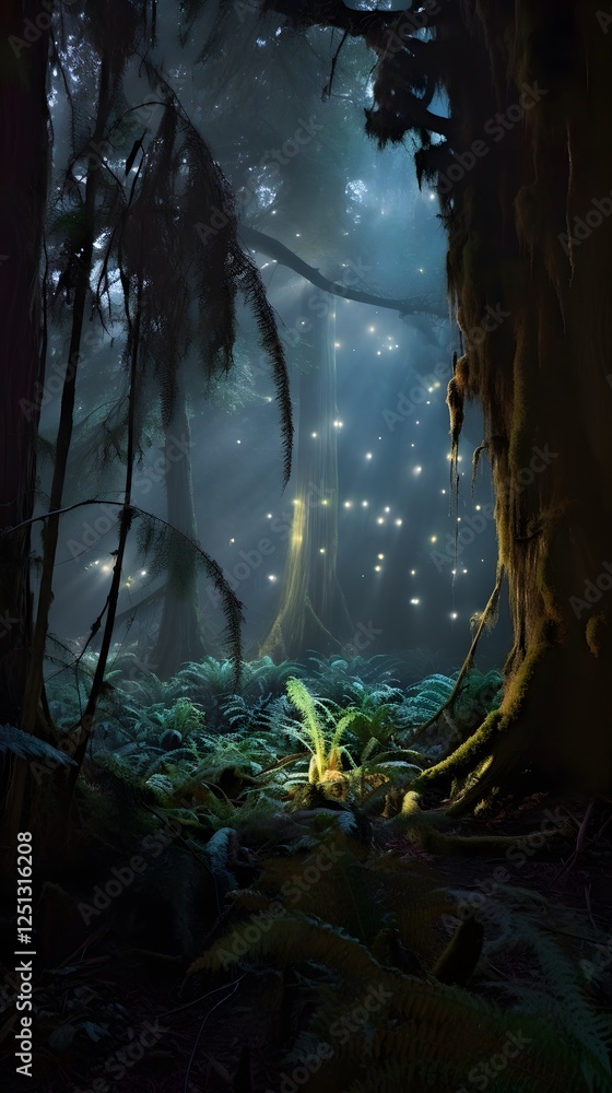 Aufkleber Mystical enchanted forest with towering ancient trees, glowing bioluminescent fungi, ethereal mist swirling at ground level, faint magical light beams filtering through the dense canopy, serene yet