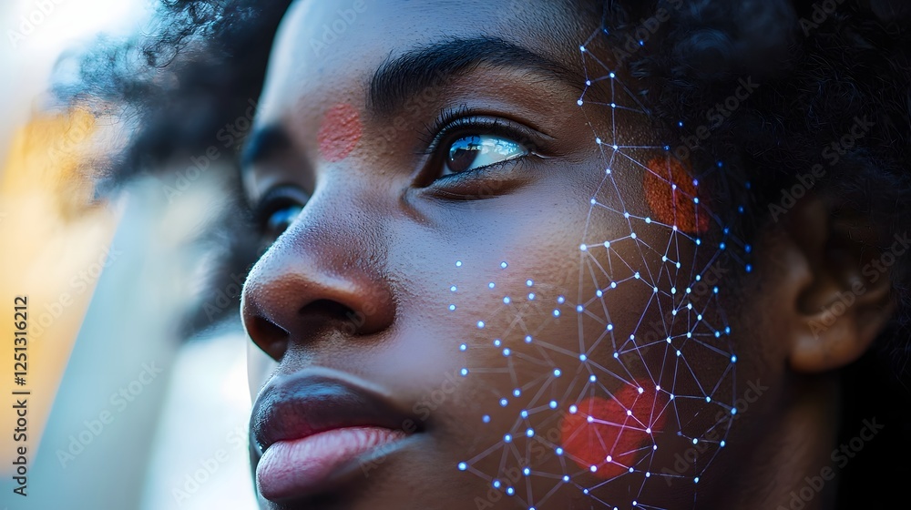 Poster dramatic close up portrait of a person s face with a digital overlay of facial recognition markers h