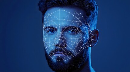 Futuristic facial recognition technology abstract representation with data points mapping the face in a digital geometric interface