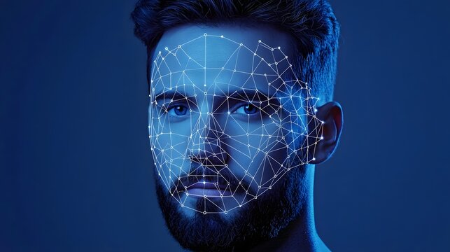 Futuristic facial recognition technology abstract representation with data points mapping the face in a digital geometric interface