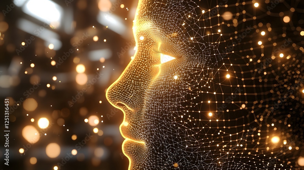 Poster abstract data visualization representation of facial recognition technology with digital data points