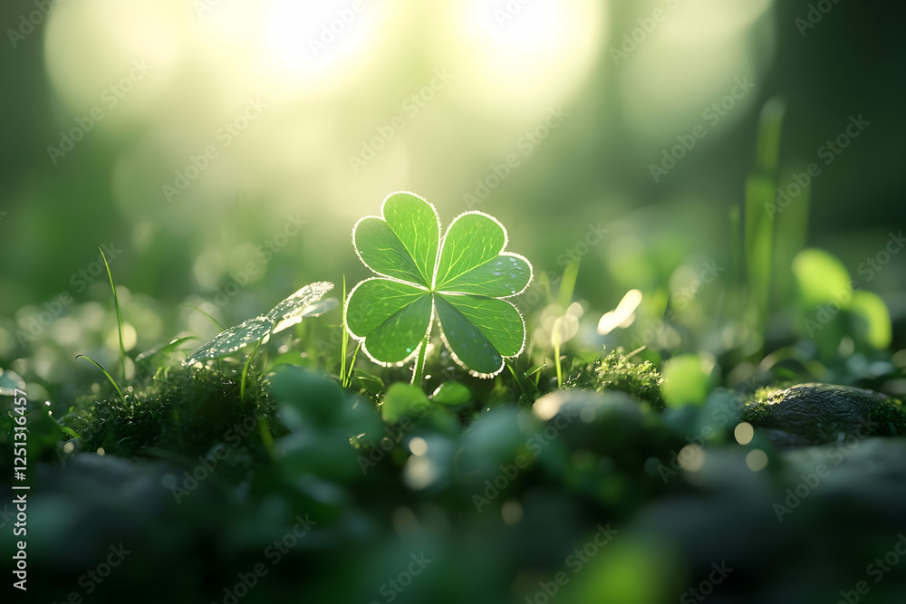 Aufkleber a four-leaf clover in the foreground, with sunlight filtering through it, creating a soft glow on it