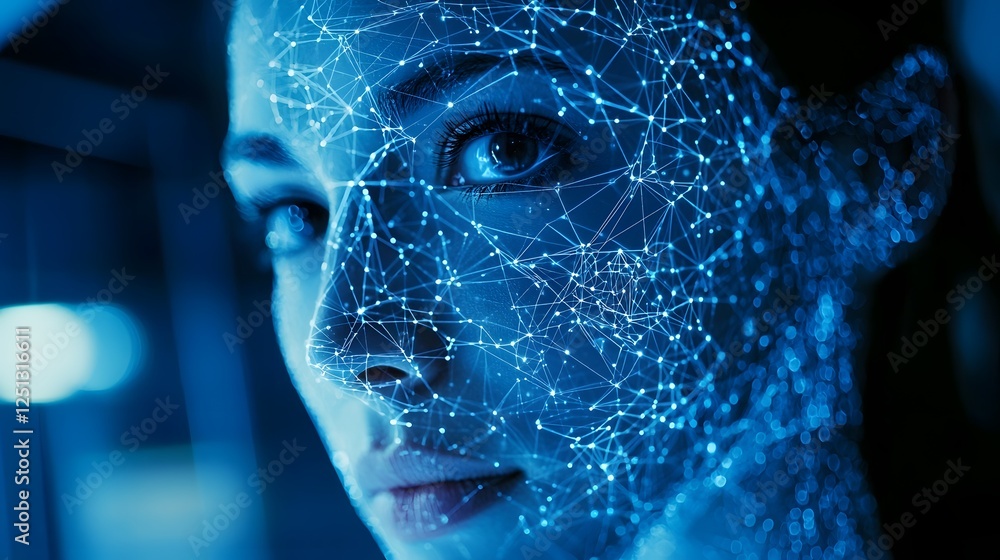 Poster detailed digital face map with interconnected data points representing the complex technology behind
