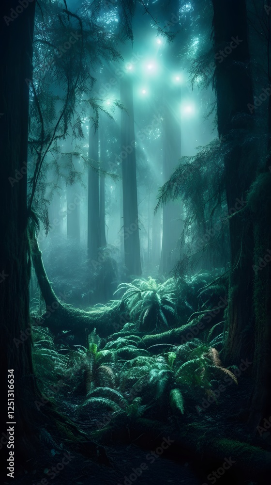 Aufkleber mystical enchanted forest with towering ancient trees, glowing bioluminescent fungi, ethereal mist s