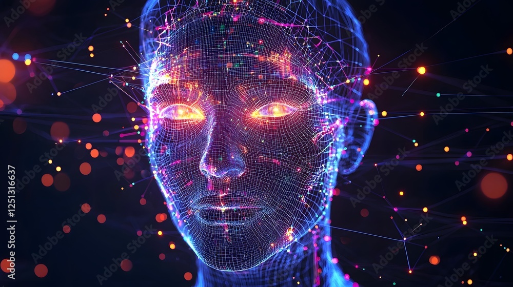 Poster futuristic digital face map with interconnected data points representing advanced facial recognition