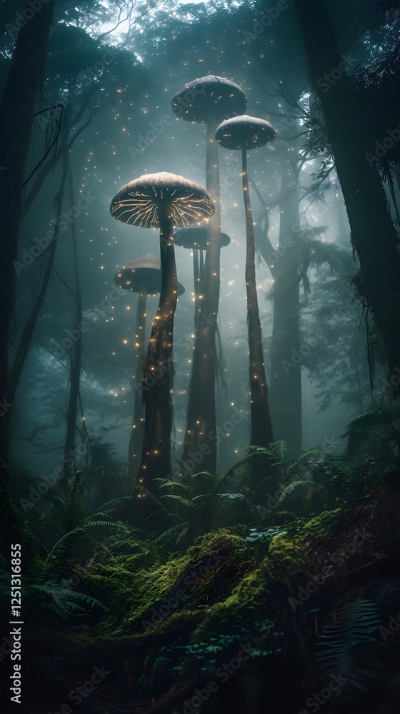 Poster mystical enchanted forest with towering ancient trees, glowing bioluminescent fungi, ethereal mist s