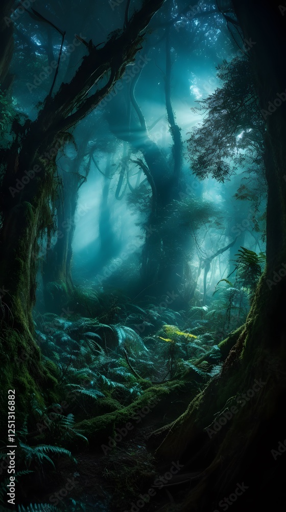 Aufkleber mystical enchanted forest with towering ancient trees, glowing bioluminescent fungi, ethereal mist s