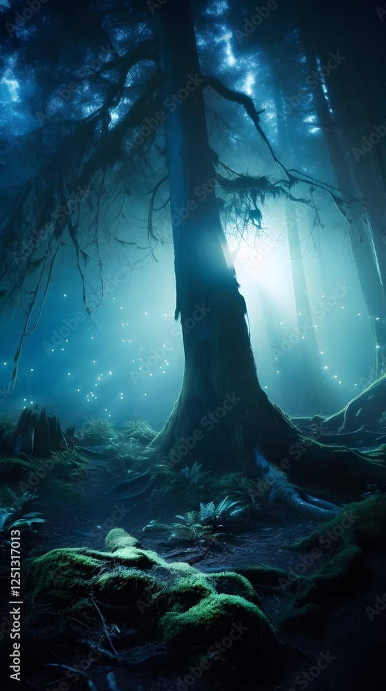 Aufkleber mystical enchanted forest with towering ancient trees, glowing bioluminescent fungi, ethereal mist s