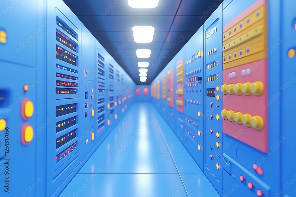 Poster a futuristic data center corridor lined with blue server racks, featuring colorful control panels wi