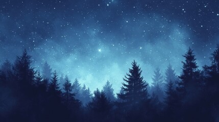 Naklejka premium Starry Night Sky Above a Silhouetted Evergreen Forest