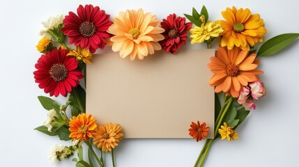 Colorful Flowers Surround A Blank Tan Card
