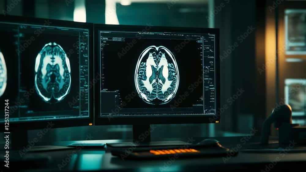 Poster Medical technology illuminates brain scan images on computer monitors, offering a slow motion glimpse into neurological diagnostics within a dimly lit room
