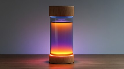 Illuminated glass bottle, studio, liquid, wood base, gradient