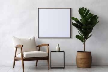 Modern Living Room Mockup Featuring Blank Frame, Stylish Chair, Potted Plant, and Decorative Accessories on a Simple White Wall