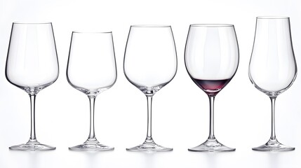 A set of crystal-clear wine glasses, clean white background, transparent isolate
