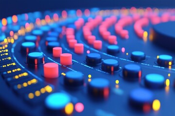 Obraz premium A close-up view of a colorful audio mixing console with illuminated buttons and knobs, showcasing vibrant blue, red, and yellow lights against a dark background. 3d rendering.