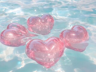 Fototapeta premium pink glossy hearts floating in clear water valentine's day background love theme romantic aesthetic
