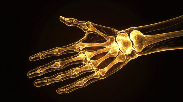 Human hand holding a realistic human skeleton model for educational purposes and anatomy study