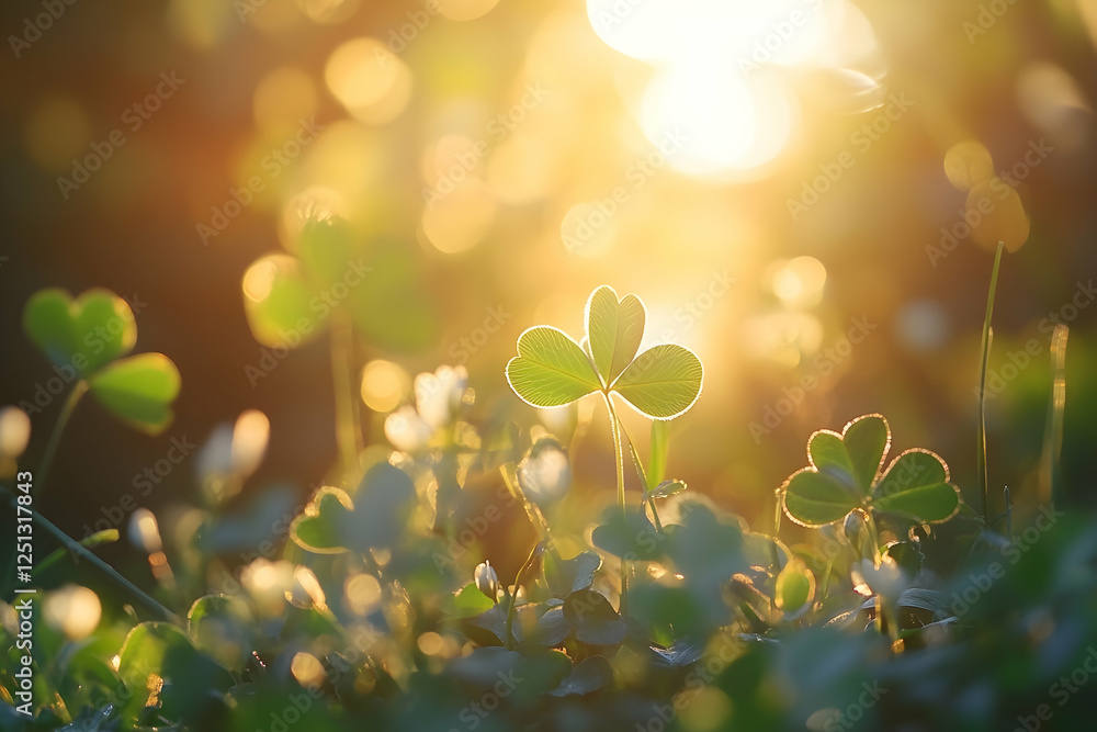 Poster a close-up of the four-leaf clover with sunlight shining through, creating an enchanting