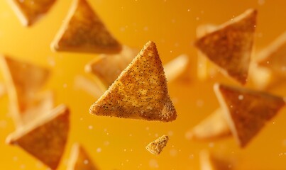 Close-up of Floating and Rotating Triangular Toasts Against Vibrant Yellow Background