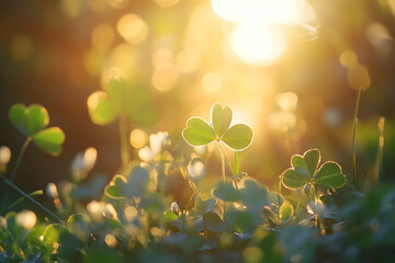 A close-up of the four-leaf clover with sunlight shining through, creating an enchanting