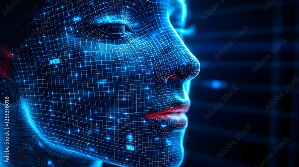 Poster futuristic digital facial recognition grid and technology interface holographic scanning and data an