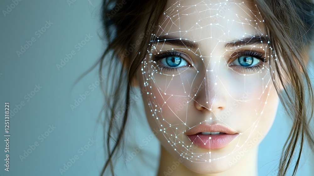 Poster digital facial scanning and analysis system with highlighted biometric data and facial features in r