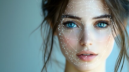 Digital facial scanning and analysis system with highlighted biometric data and facial features in real time  Futuristic AI powered technology for identification beauty enhancement