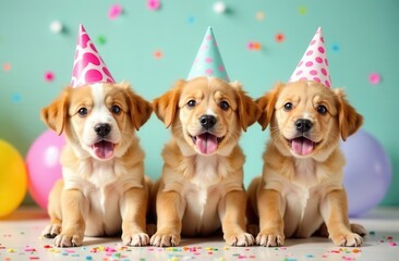 Three cute funny puppies on a blue background decorated with balloons. party Happy birthday.