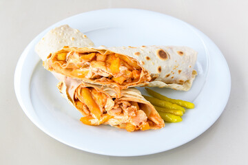 Lavash zurna doner kebab ( zurna  durum )  or shawarma sliced in plate isolated.  hatay usulu tavuk Et doner durum. Gobit ekmek arasi doner. Pilavustu iskender doner kebap. 