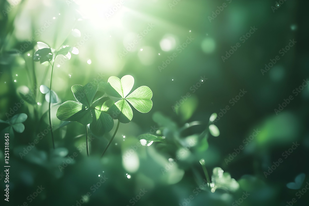 Poster a close-up of the four-leaf clover with sunlight shining through, creating an enchanting