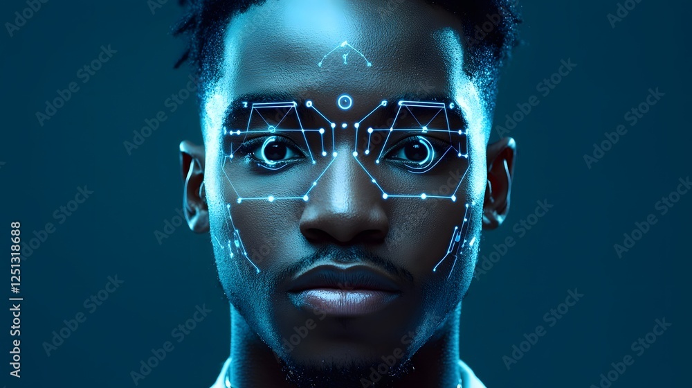 Poster futuristic facial recognition interface analyzing a person s face with augmented reality technology 
