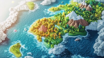 Carbon offset strategies concept art flat design top view climate action theme 3D render Triadic Color Scheme.
