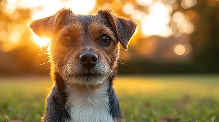 An adorable dog relaxing on green grass with a beautiful golden hour sunset in the background, creating a peaceful scene.