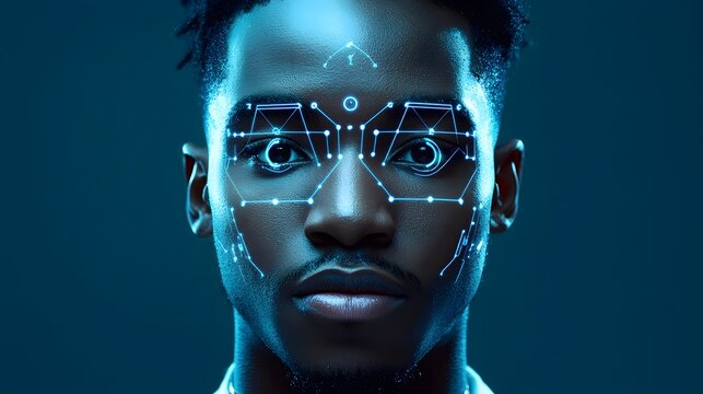 Futuristic Facial Recognition Interface Analyzing a Person s Face with Augmented Reality Technology   A conceptual digital showcasing a high tech biometric scanning system using advanced and data