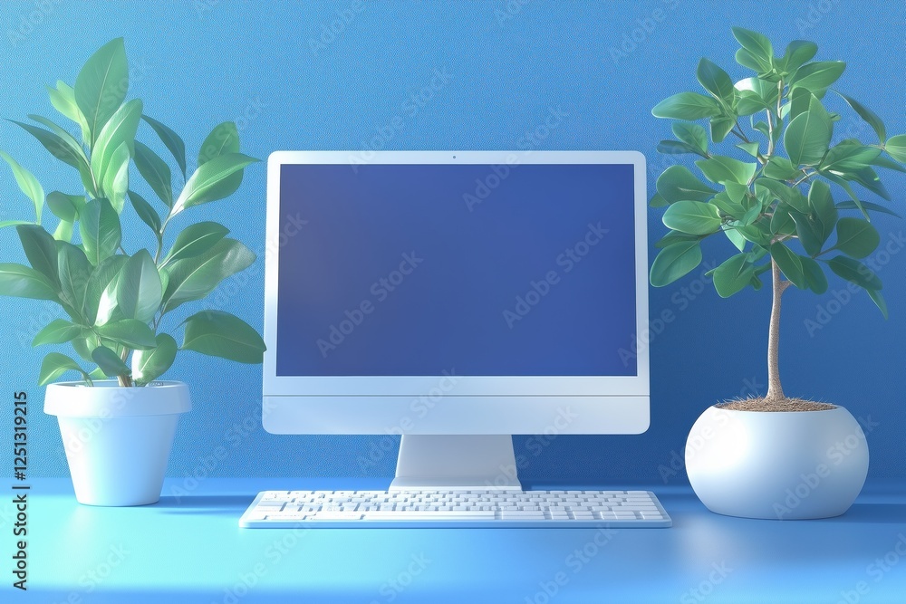 Poster a modern desktop computer with a blank screen, flanked by two potted plants on a blue desk. the plan