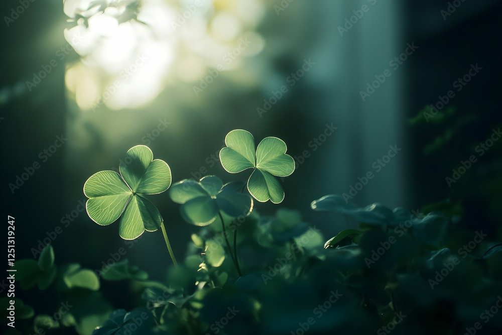 Poster a four-leaf clover in the foreground, with sunlight filtering through it, creating a soft glow on it