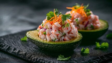 Gourmet presentation of avocado halves filled with seafood salad