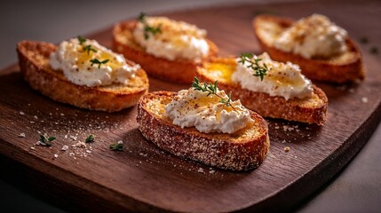 Savory cheese crostini with herbs and spices for culinary delights and appetizer design