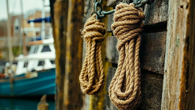 Nautical ropes hang on a weathered dock beside boats in a coastal harbor during the day