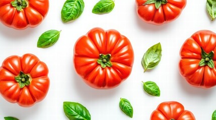 Fototapeta premium Freshly Harvested Red Tomatoes and Green Basil Leaves Arranged on White Background