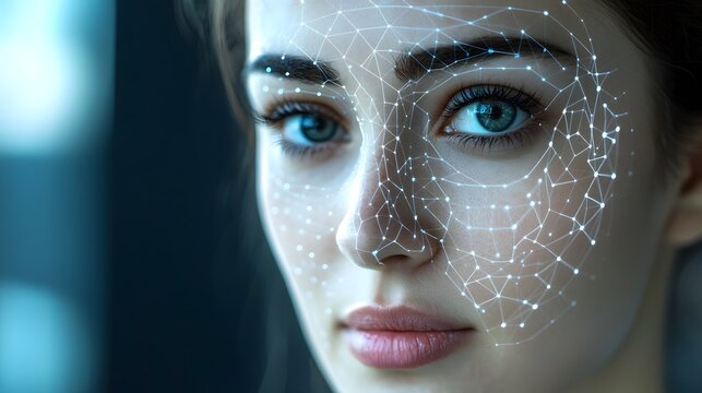 Close up portrait featuring a captivating facial analysis with advanced biometric scanning technology